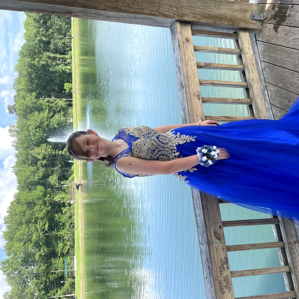 Elegant Blue Gown with Gold Embroidery